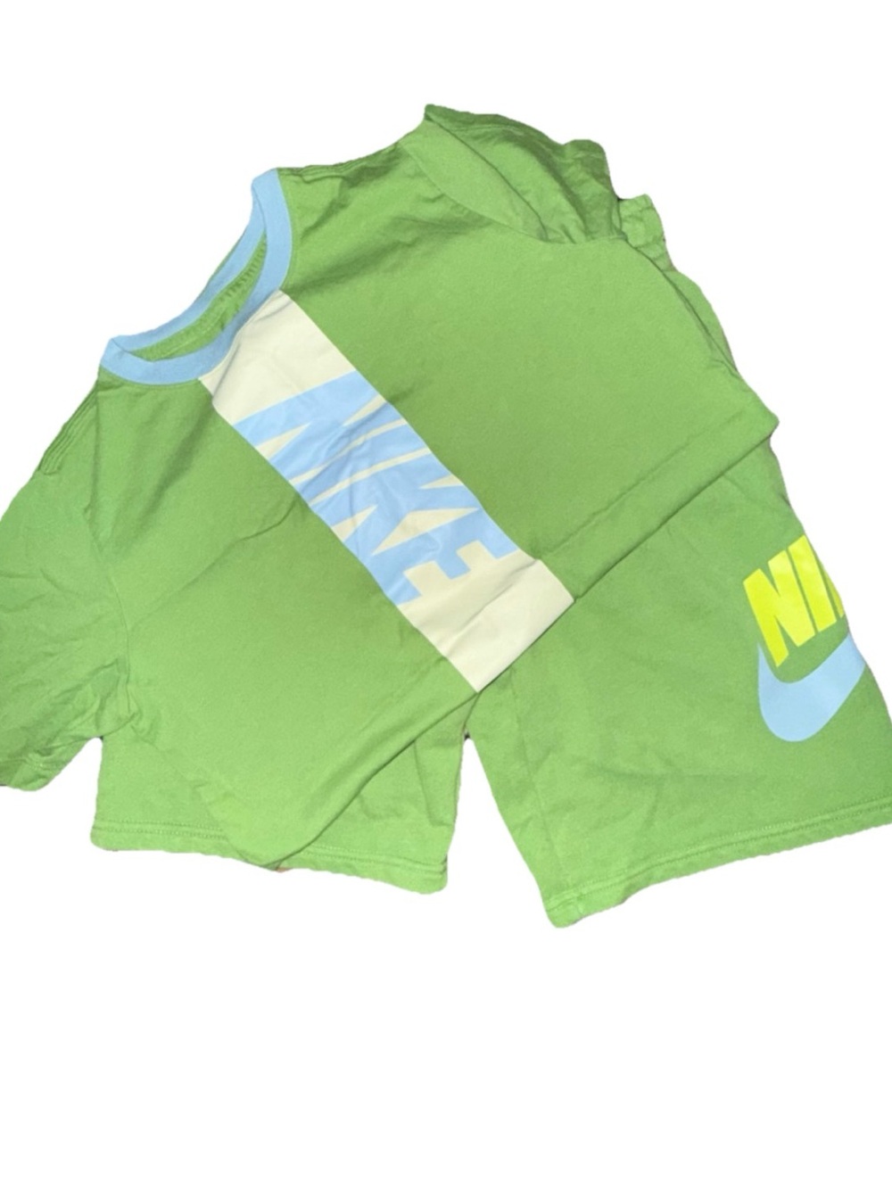 Nike Boys Green Short Sleeve Tee & Shorts with Blue Collar and Yellow-Blue Logo